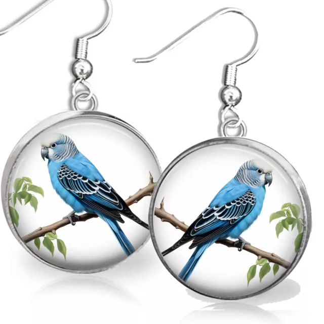 Blue Parakeet Budgie Bird Pet Lover Gift Dangle Sterling Silver Earrings