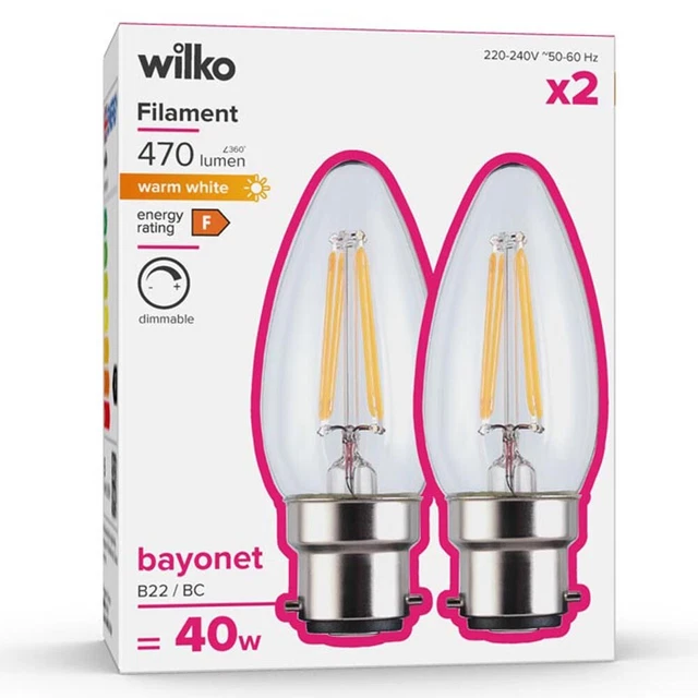 Wilko Filamentkerze Glühbirne, dimmbar, Bajonett B22/BC, 470 Lumen, 2er-Pack