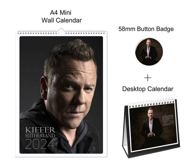 KIEFER SUTHERLAND 2024 A4 Wall + Desktop Calendar + Pin Button Badge