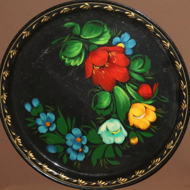 Vintage Russian Floral Hand Painted Metal Tole Tray Platter