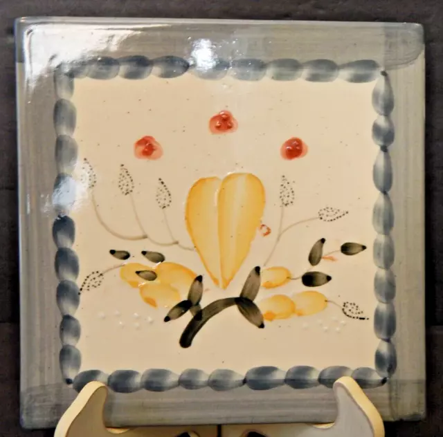 VINTAGE Hand Painted Ceramic Tile Wall Plaque Trivet - 6.5" with Hanging Loop