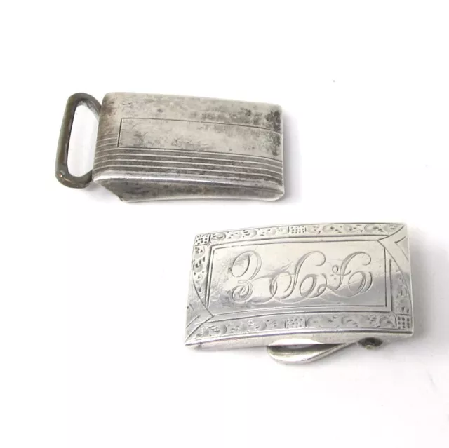 Lot 2 Antique Sterling Silver Belt Buckles Engine Turned and Monogrammed