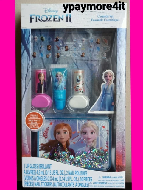 DISNEY FROZEN II 2 Cosmetic Set Nail Polish~ Lip Gloss ~30pc Nail Stickers ~Case