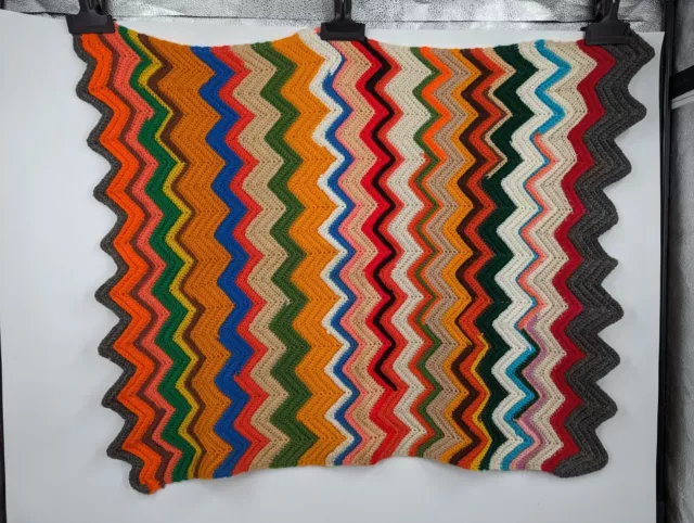 Vtg Small Crochet Knit Chevron Afghan Granny Lap Throw Blanket Boho 37” X 31”