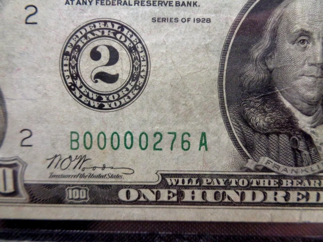 ==Lowest Serial# Known== 1928 $100 New York Frn Numeral Seal (Serial #276)
