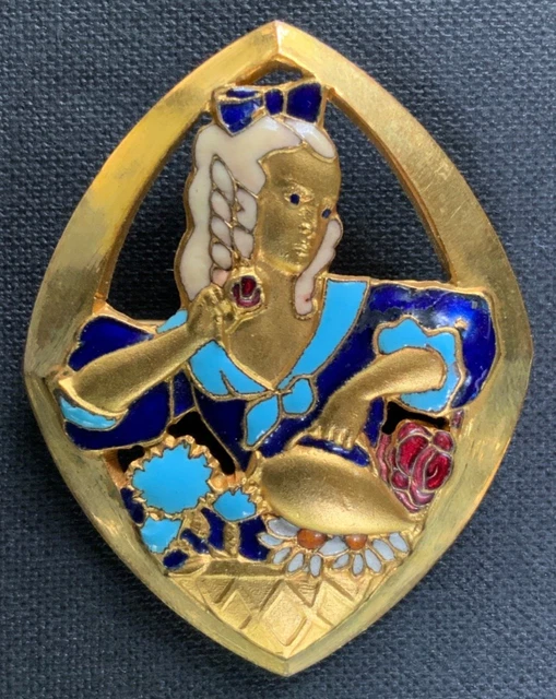 Broche Ancienne Signée E. Bouillot - Portrait De Femme En Bronze Et émail, Vintage