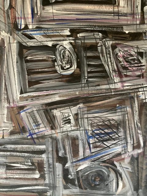 Peinture Abstraite à Identifier – Gouache Sur Papier, Datée 1954, Style Années 70 – Œuvre D’art Abstrait Vintage, à Encadrer