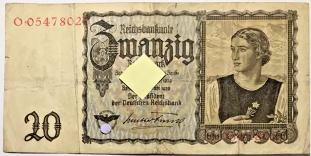 Deutsches Reich 20 Reichsmark 1939 (Schein) Papiergeld Geldschein Banknoten