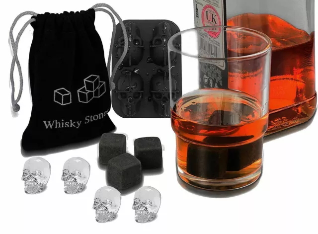 6 Whisky Stones Box & 3D Skull Head Ice Moulding Tray XMAS Gift Set Box Present