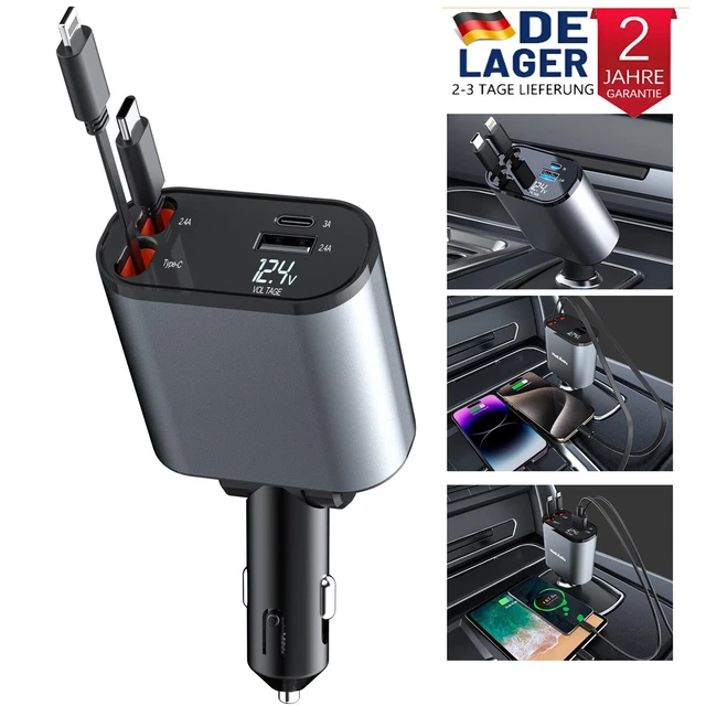 FLEXINO Einziehbares Auto-Ladegerät Mit 2 Kabeln (je 1,2 M) – 84W, USB-C, Für IPhone & Android, Mit Spannungsmonitor