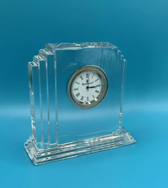 WATERFORD Small Metropolitan Desk Clock Art Deco Lead Crystal NEW BATTERY 3.5"