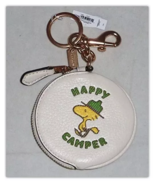 Coach Snoopy Peanut Round Bag Charm Keychain Happy Camper Leather Coin Purse NWT