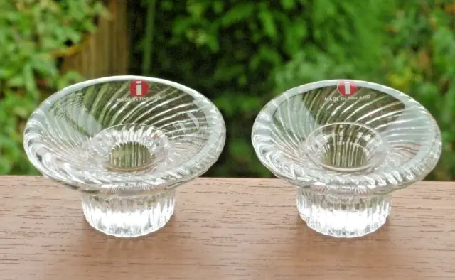A Pair,Iittala Finland Crystal'Poppa'Taper/Candle Holders Candlesticks + Labels