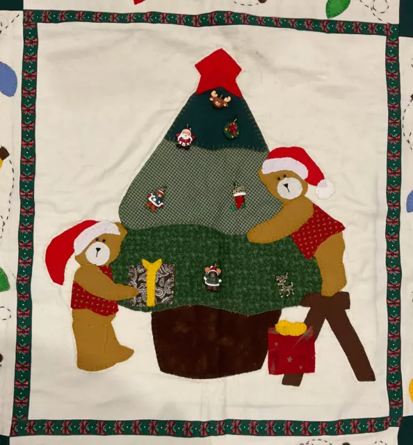 Handmade Embroidered Christmas Tree Bears Wall HangIng Red & Green Mini quilt