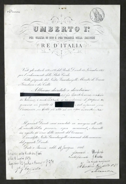 Decreto Regno d'Italia - Autorizzazione per cambio del cognome - 1896