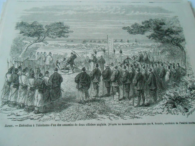 Gravure 1864 - Japon Exécution à Yokohama d'un des assassins 2 officiers Anglais