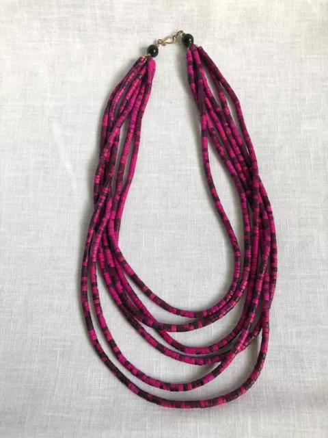 Boho Tribal 6 Strand Wooden Bead Necklace Graduated Length Pink Purple 13"
