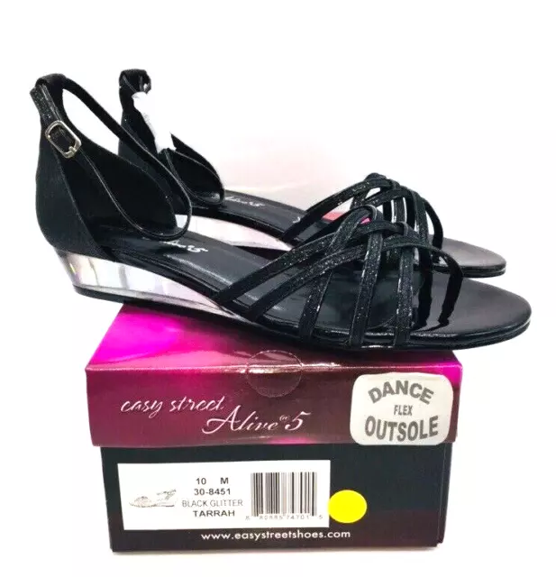 Easy Street Tarrah Wedge Slingback Sandals- Black Glitter, Size US 10M