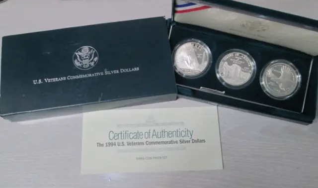 1994 US Veterans 3 Coin Silver Dollar Proof Commemorative Set