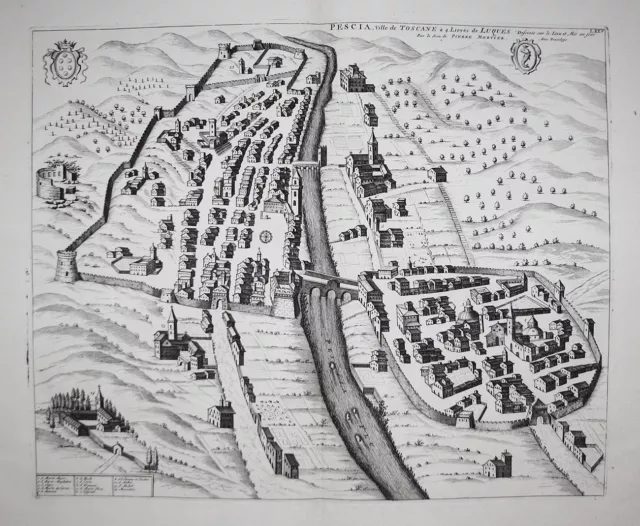 Pescia Toscana Italia Incisione Engraving Mappa Blaeu Mortaio 1724