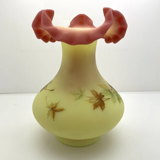 Fenton Autumn Leaves Burmese Glass Vase Ruffled Rim 7” Glows 1971-72