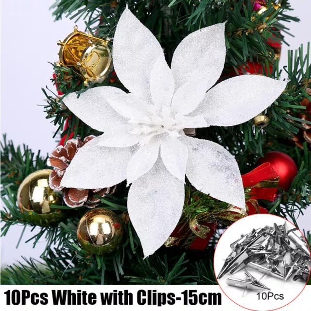 10X Christmas Large Poinsettia Glitter Flower Tree Hanging Party Xmas Decor