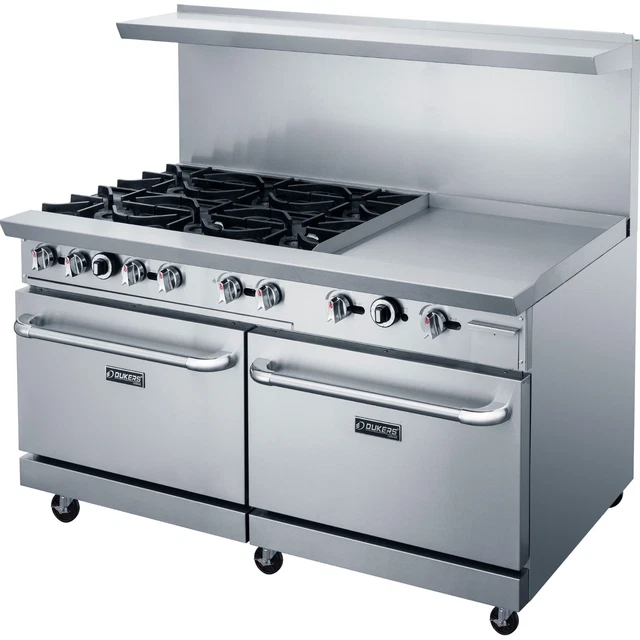 NEW 60" Range 24" Griddle 6 Burner Combo Std Oven NG On Wheels Dukers #1338