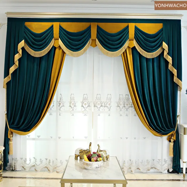 luxury palace thick velvet blue cloth blackout curtain valance tulle panel C476