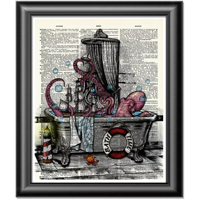 Octopus Art Print on Dictionary Book Page Wall Art Bathroom Decor Picture