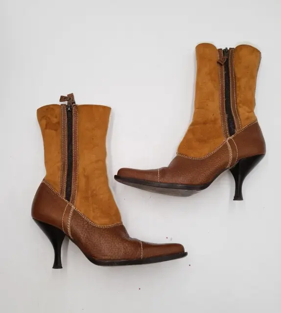 Miu Miu Brown Leather Boots Sheepskin 90s Heeled Vintage Size EU 36.5 (UK 3.5)