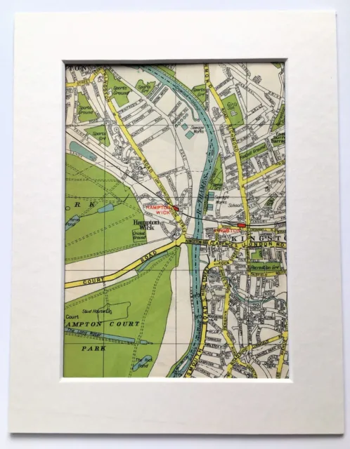 Antique 1940s London Map - Mounted - Colour - KINGSTON, HAMPTON COURT