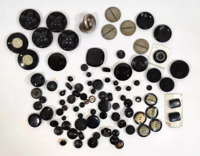 Vintage Mixed BUTTON LOT Black Color Assorted Sizes & Shapes Plastic Wood MOP