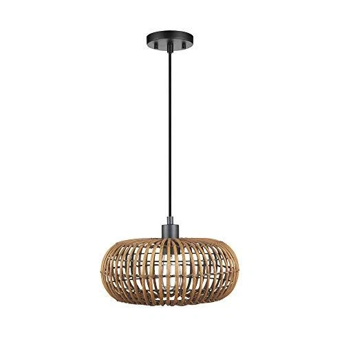 Globe 61063 1-Light Pendant Light Rattan Shade Black Socket Black Fabric Hang...