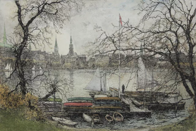 HAMBURG - Blick auf die Binnenalster - Luigi Kasimir - Farbradierung, um 1950