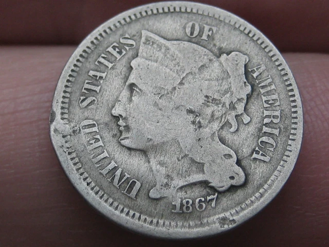 1867 Three 3 Cent Nickel- VG/Fine Details