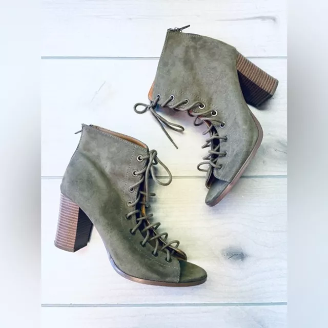 Charlotte Russe Size 9 Fatigue Green Lace Up Peep Toe Ankle Booties Chunky Heels