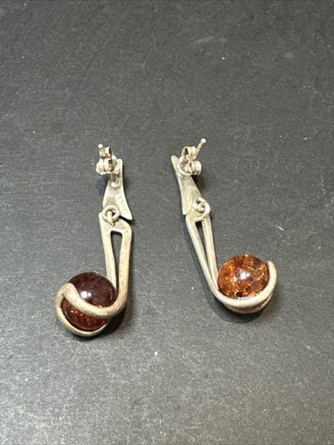 Ancienne Paire De Boucle D’oreille Pendante Argent Massif ambre