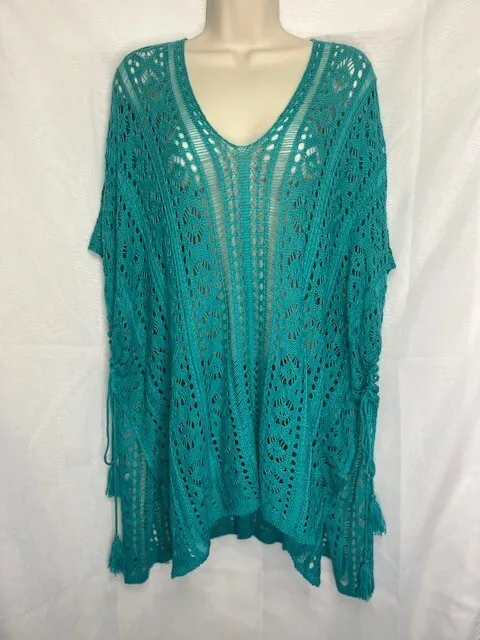 Women's Sexy Teal Blue Mid Sleeve Bikini Cover Up V Neck Hallow Back