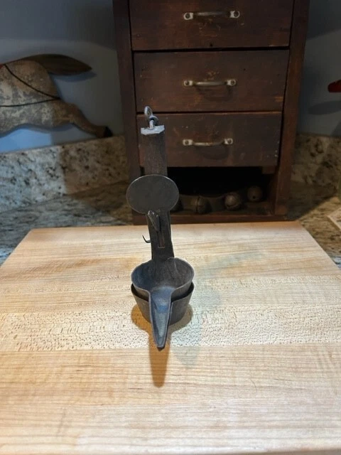 Antique Early Primitive Metal Iron Double Betty  Whale Oil Lamp  6"