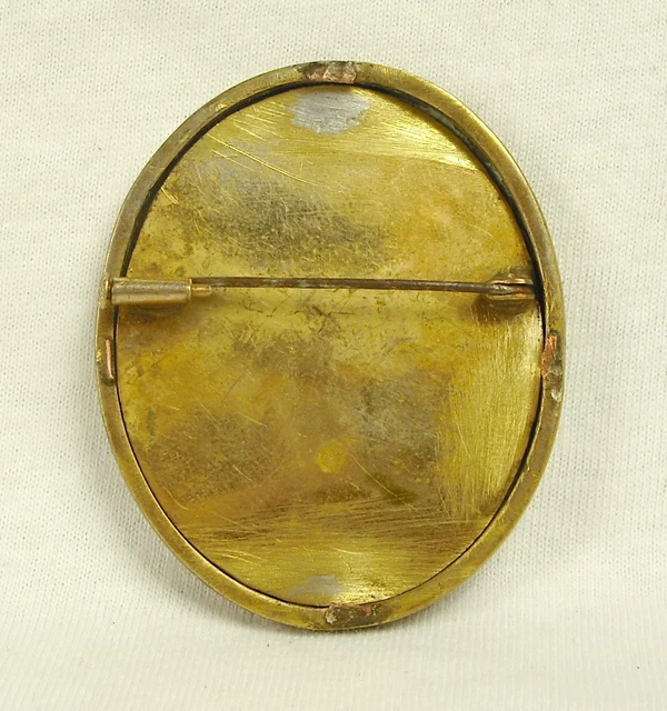 Broche Ancienne Vintage En Verre émaillé - Signée - Médaillon Miniature Métal Doré - Occasion