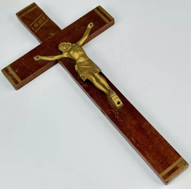 Vintage French Wooden Cross With Painted Gold Detail & Jesus, Repair On Back
