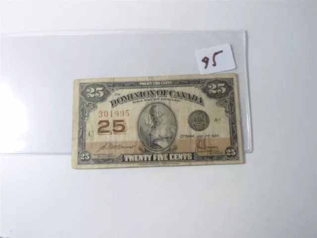 CANADA BANKNOTE SHINPLASTER 1923 25 cent SIGNATURE C MCOUVERS SANDERS   NO95