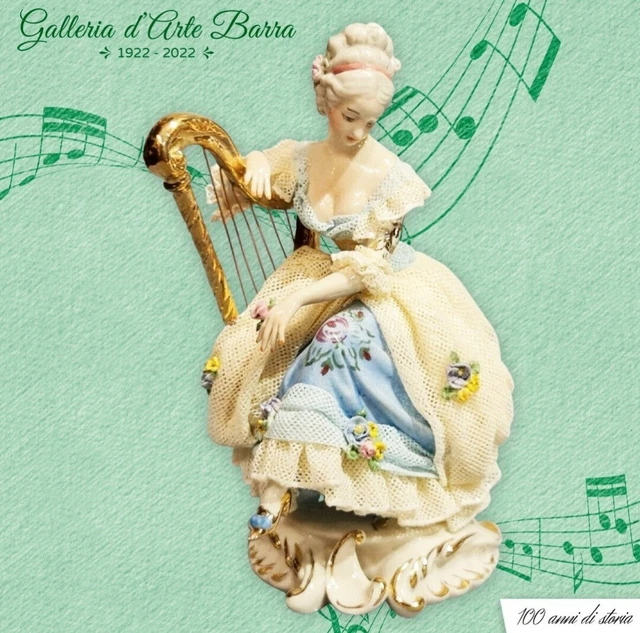 PORCELAINE CAPODIMONTE, DAME Harpe, Robe Turquoise avec Dentelle ...