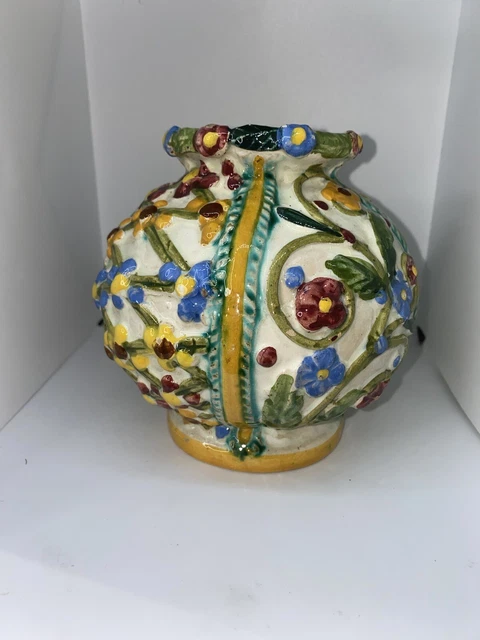 Vintage Italian applied flower Majolica red ware terra cotta round vase CHIPPED