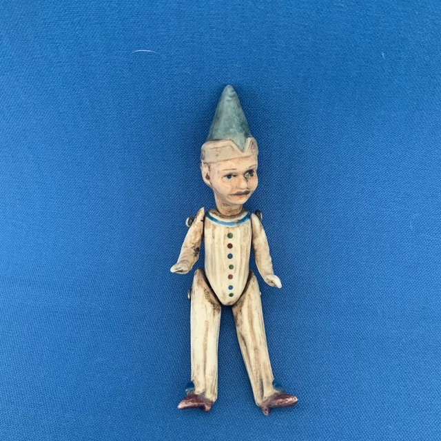 ANTIQUE GERMAN CLOWN Pierrot Figurine Bisque Jointed Doll Miniature