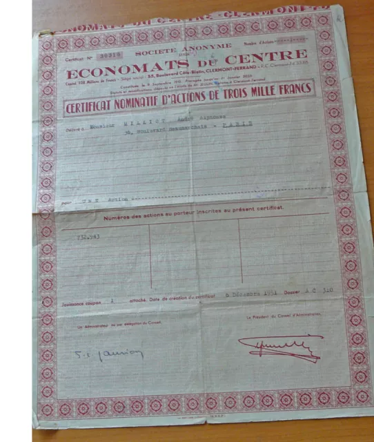 Action Certificat Nominatif D'action " Economat Du Centre " 1951