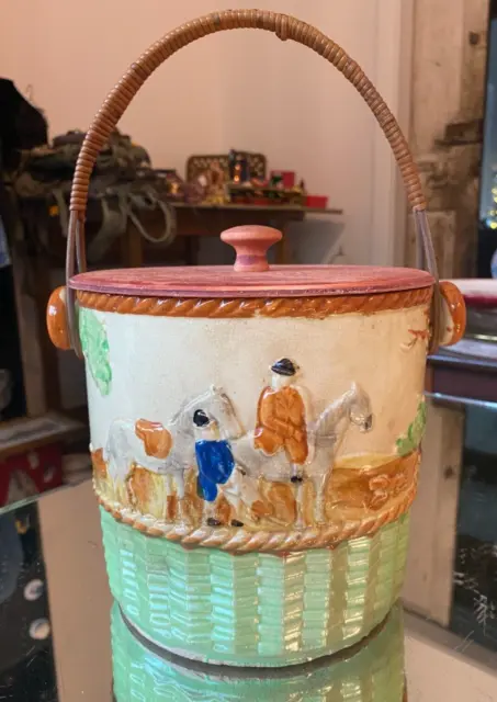 Vintage Biscuit Jar Cookie Jar  with Rattan Handle Made In Japan Hand Painted