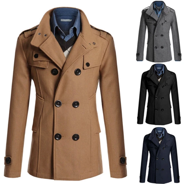 Men Gent Winter Formal Trench Coat Double Breasted Overcoat Long Jacket Outwear