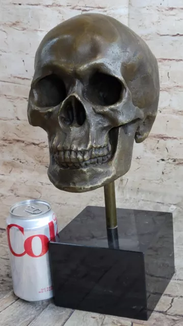 Bronze Metal Skull Skeleton Head Statue Sculpture on Marble Base Original Art 2