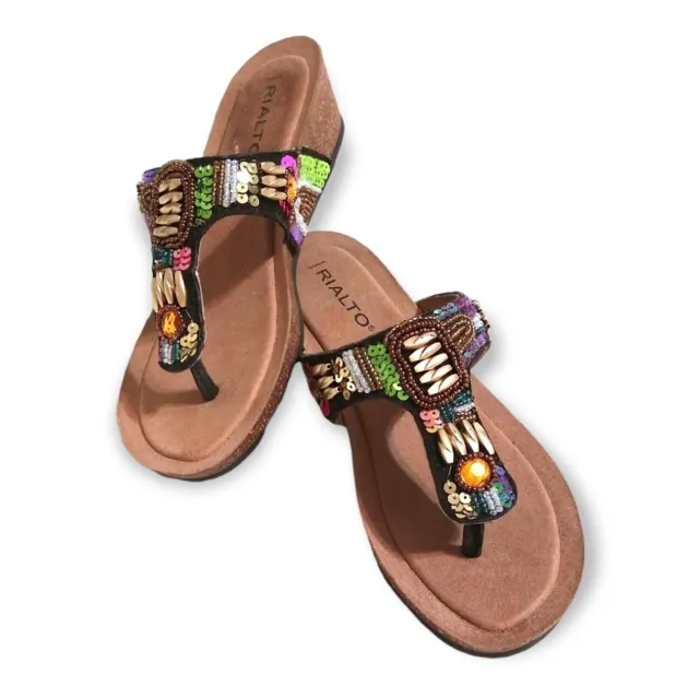 RIALTO Carola Womens Slip-On Embellished T-Strap Wedge Flip-Flops 5M Colorful